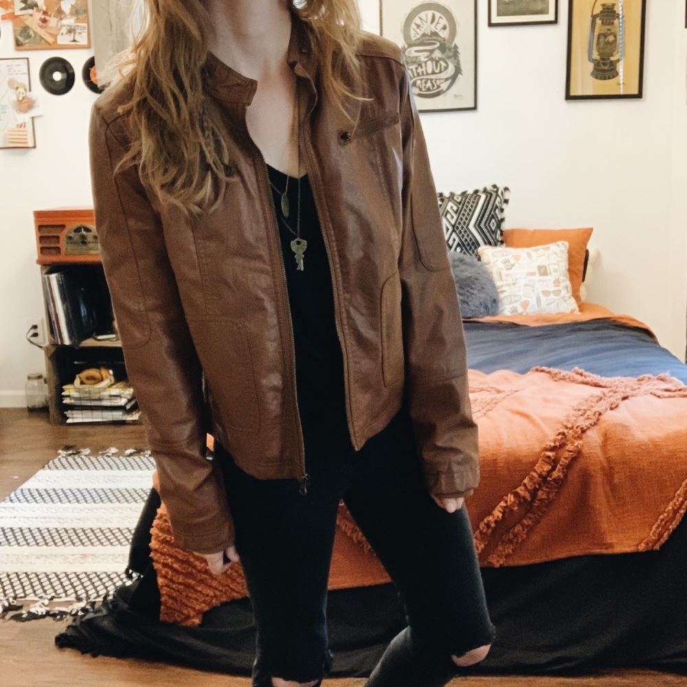 Brown Leather Style Jacket w/ Zipper Details
